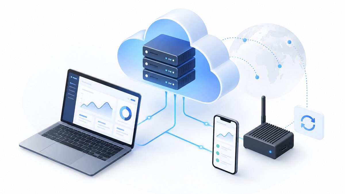 Cloud backend connecting a dashboard, a mobile app and a connected device