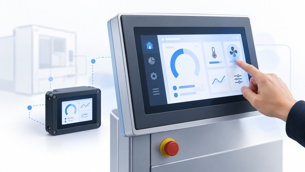Touchscreen user interface on an industrial panel and a small embedded display